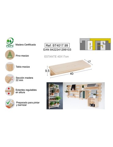 BALDA  TETRIS  PINO  22  MM  S/BARN  40X17  CM  BT4017.99