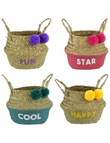 CESTA  MIMBRE  COLORES  POMPONES  13  CM  RG6033